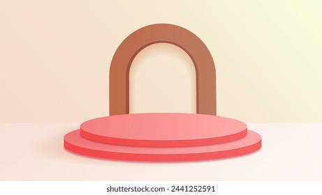 3d modern abstract geometric background for ecommerce. With red stage podium, brown arch and cream background.