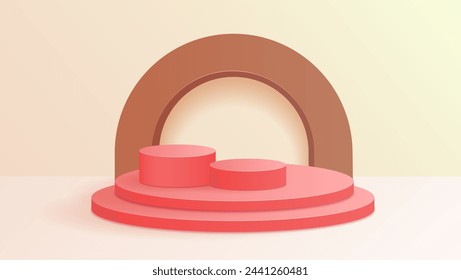3d modern abstract geometric background for ecommerce. With red stage podium, brown arch and cream background.