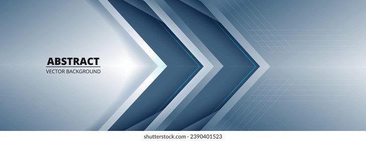 Arrière-plan abstrait large bannière 3D moderne avec formes et lignes de flèche. Illustration vectorielle dégradé de couleurs gris-bleu. : image vectorielle de stock