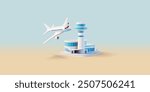 3D modern airport building, passenger plane. Banner for design and advertising concepts of passenger transportation, international airports, buying and selling tickets. Vector