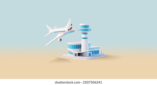 Edificio de aeropuerto moderno 3D, avión de pasajeros. Anuncio para el diseño y la publicidad de conceptos de transporte de pasajeros, aeropuertos internacionales, compra y venta de billetes. Vector