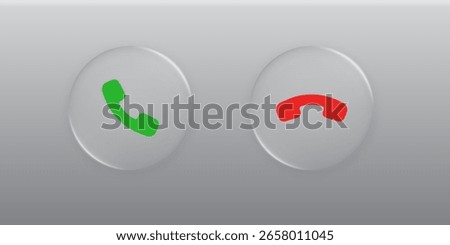 3D modern answer and decline phone call buttons in the style of liquid glass and glossy surface. Phone call. User interface element for ui ux design. Transparent frame and button. Vector illustration.
