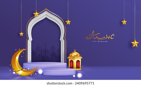 3D modern banner for Islamic holidays with purple design. Featuring a podium with Ramadan lanterns, golden moon, and mosque portal. Calligraphy: Eid Mubarak.