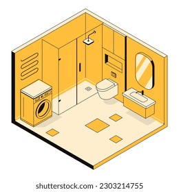 3d modern bathroom interior concept with shower cabin, arrangement of furniture and plumbing. Household items and appliances in the indoor environment. Vector linear isometric illustration, line art