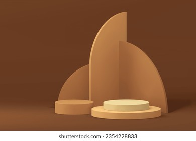 3d modern beige podium pedestal with abstract geometric wall background realistic vector illustration. Minimalist neutral circle step stage social media banner product showcase cosmetic advertising