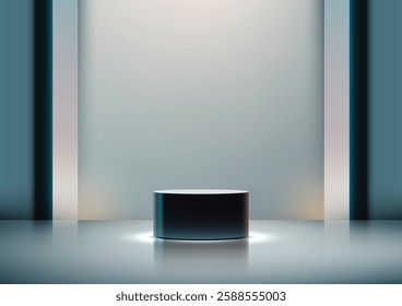 3D modern black cylindrical podium sits on a reflective surface, illuminated by a spotlight, product showcases, tech displays, and business presentations in a sleek, futuristic setting