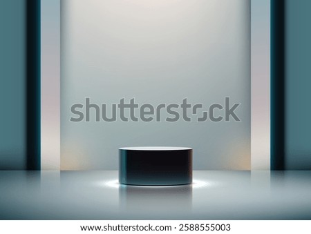 3D modern black cylindrical podium sits on a reflective surface, illuminated by a spotlight, product showcases, tech displays, and business presentations in a sleek, futuristic setting