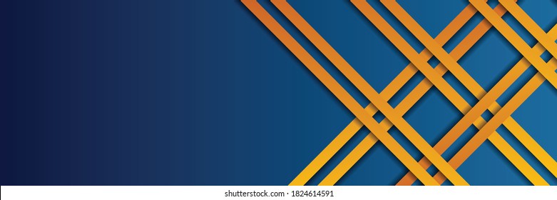 3D modern blue and yellow background with line stripes overlap for presentation background. Abstract decoration, golden pattern, line gradients, vector illustration. Dark blue background