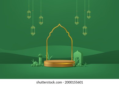 3d modern brown islamic podium in green background with lantern, mosque, grass, plant, gold. banner for islamic banner festivity like eid al adha, fitr, ramadhan, etc.