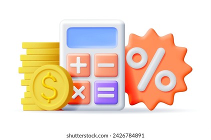 3D Modern Calculator with Golden Coins, Percent Symbol. Mathematics. Financial Math Device with Money. Counting Budget and Savings Concept. Checking Profit Investment and Wealth. Vector Illustration