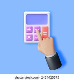 3D Moderner Taschenrechner und Hand isoliert. Mathematik-Symbol rendern. Additions-, Subtraktions-, Multiplikations- und Divisionstasten. Rechenoperationen. In: Financial Math Device Calculate. Vektorgrafik