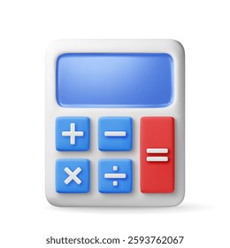 3D modern calculator isolated on white. Render mathematics icon. Addition, subtraction, multiplication and division buttons. Arithmetic operations. Financial math device calculate. Vector illustration