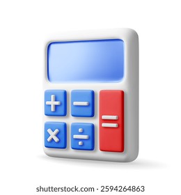 3D modern calculator isolated on white. Render mathematics icon. Addition, subtraction, multiplication and division buttons. Arithmetic operations. Financial math device calculate. Vector illustration