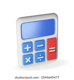 3D modern calculator isolated on white. Render mathematics icon. Addition, subtraction, multiplication and division buttons. Arithmetic operations. Financial math device calculate. Vector illustration