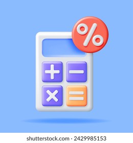 3D Moderner Rechner mit Prozentzeichen. Mathematik-Symbol. Additions-, Subtraktions-, Multiplikations- und Divisionstasten. Rechenoperationen. In: Financial Math Device Calculate. Vektorgrafik