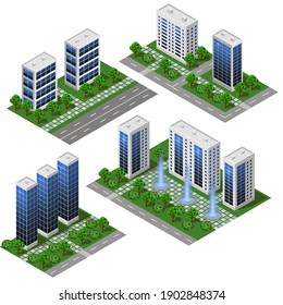 3d Modern City Building. Isometric Eco City Modules Isolated With Office Buildings, Houses, Streets And Park Area With Trees And Fountains. For Urban Landscapes, Metropolis Scenes. Vector Illustration