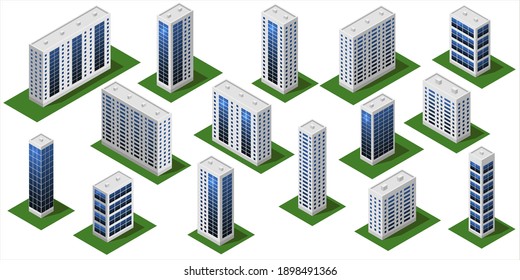 3d Modern city buildings. Isometric city modules isolated with big houses, office buildings, skyscrapers. Set for urban landscape constructor and metropolis scene. Flat style. Vector illustration