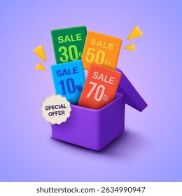 3d modern coupons inside an opened minimal gift box. Gift vouchers in gift box banner template in 3d vector