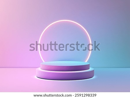 3D modern cylindrical podium in soft pastel colors, featuring a neon circle backdrop, product displays, technology concepts, or showroom mockups, elegant and futuristic showcase space