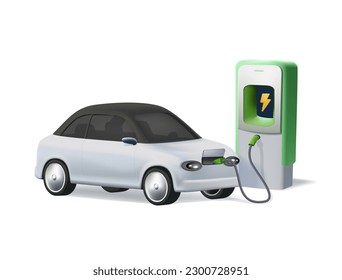 3D modern electric smart suv car charging parking at the charger station with a plug in cable. Isolated 3D cartoon vector illustration concept on white background. Electrified transportation charge