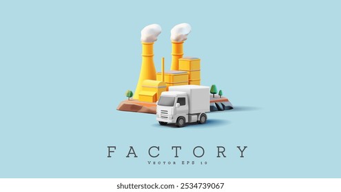 3D modern factory building, truck. Banner for production, logistics, and supply concepts. Business, development, industry. Vector