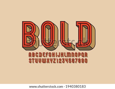 3D modern Font, trendy old alphabet, condensed letters and numbers with dark line, vector illustration 10eps