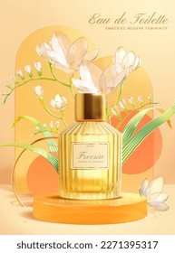 3D modern freesia eau de toilette ad. Glass bottle displayed on podium with glass plant and circle, arch decoration. Light orange background.