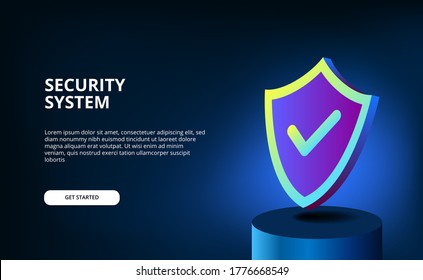 3D modern gradient color with shield for security of system, antivirus, data protection, information privacy with glow lightning and dark background. landing page illustration