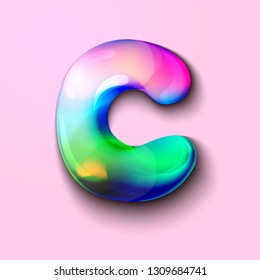 3d modern holographic letter C . 3d gelatinous letter of the alphabet. 3d  candy letters. Volumetric letter with watercolor divorce. A drop of water in the form of a colored letter of the alphabet. 