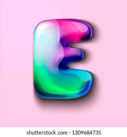 3d modern holographic letter E . 3d gelatinous letter of the alphabet. 3d  candy letters. Volumetric letter with watercolor divorce. A drop of water in the form of a colored letter of the alphabet. 
