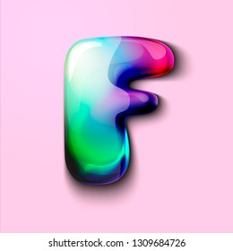 3d modern holographic letter F . 3d gelatinous letter of the alphabet. 3d  candy letters. Volumetric letter with watercolor divorce. A drop of water in the form of a colored letter of the alphabet. 