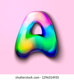 3d modern holographic letter A . 3d gelatinous letter of the alphabet. 3d  candy letters. Volumetric letter with watercolor divorce. A drop of water in the form of a colored letter of the alphabet. 