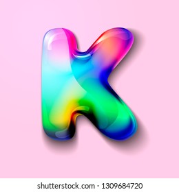 3d modern holographic letter K . 3d gelatinous letter of the alphabet. 3d  candy letters. Volumetric letter with watercolor divorce. A drop of water in the form of a colored letter of the alphabet. 