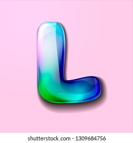 3d modern holographic letter L. 3d gelatinous letter of the alphabet. 3d  candy letters. Volumetric letter with watercolor divorce. A drop of water in the form of a colored letter of the alphabet. 