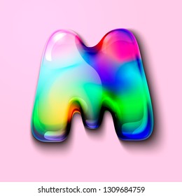 3d modern holographic letter M . 3d gelatinous letter of the alphabet. 3d  candy letters. Volumetric letter with watercolor divorce. A drop of water in the form of a colored letter of the alphabet. 