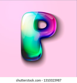 3d modern holographic letter P . 3d gelatinous letter of the alphabet. 3d  candy letters. Volumetric letter with watercolor divorce. A drop of water in the form of a colored letter of the alphabet. 