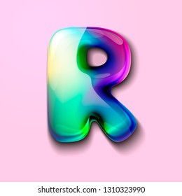 3d modern holographic letter R . 3d gelatinous letter of the alphabet. 3d  candy letters. Volumetric letter with watercolor divorce. A drop of water in the form of a colored letter of the alphabet. 