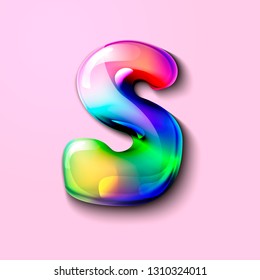 3d modern holographic letter S . 3d gelatinous letter of the alphabet. 3d  candy letters. Volumetric letter with watercolor divorce. A drop of water in the form of a colored letter of the alphabet. 