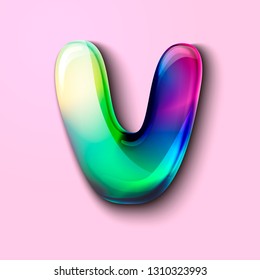 3d modern holographic letter V . 3d gelatinous letter of the alphabet. 3d  candy letters. Volumetric letter with watercolor divorce. A drop of water in the form of a colored letter of the alphabet. 