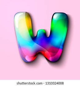 3d modern holographic letter W . 3d gelatinous letter of the alphabet. 3d  candy letters. Volumetric letter with watercolor divorce. A drop of water in the form of a colored letter of the alphabet. 