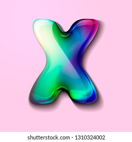 3d modern holographic letter X . 3d gelatinous letter of the alphabet. 3d  candy letters. Volumetric letter with watercolor divorce. A drop of water in the form of a colored letter of the alphabet. 