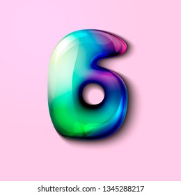 3d modern holographic number Six . 3d gelatinous number. 3d candy . Volumetric number with watercolor divorce. A drop of water in the form of a colored number