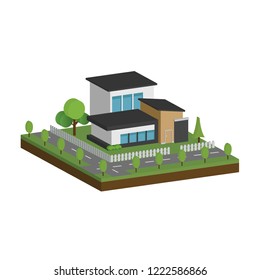 3D modern houses and environment with tree, fence and roads, Isometric of modern building and architecture along with the roads and tree, Flat home vector illustration.