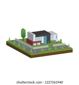 3D modern houses and environment with tree, fence and roads, Isometric of modern building and architecture along with the roads and tree, Flat home vector illustration.