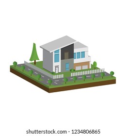 3D modern houses and environment with tree, fence and roads, Isometric of modern building and architecture along with the roads and tree, Flat home vector illustration.