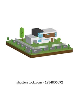 3D modern houses and environment with tree, fence and roads, Isometric of modern building and architecture along with the roads and tree, Flat home vector illustration.