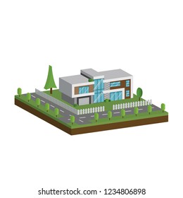 3D modern houses and environment with tree, fence and roads, Isometric of modern building and architecture along with the roads and tree, Flat home vector illustration.