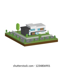 3D modern houses and environment with tree, fence and roads, Isometric of modern building and architecture along with the roads and tree, Flat home vector illustration.