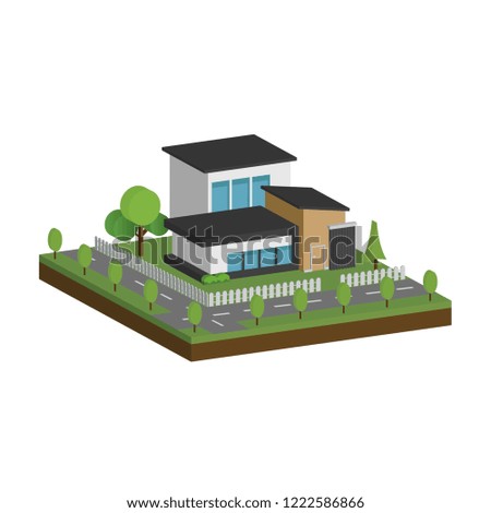 3D modern houses and environment with tree, fence and roads, Isometric of modern building and architecture along with the roads and tree, Flat home vector illustration.