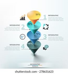 3d modern info graphic option template with 4 colorful cone pyramids and icons on grey background. Vector. Can be used for web design and  workflow layout